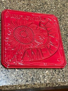Ceramic Red Square Trivet 8x8 with Sunflower Americana Stamped Nantucket